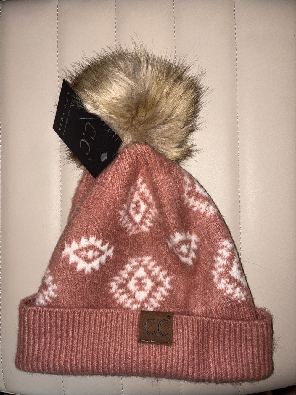 C.C Rose Pink Pom Patterned Knit Beanie